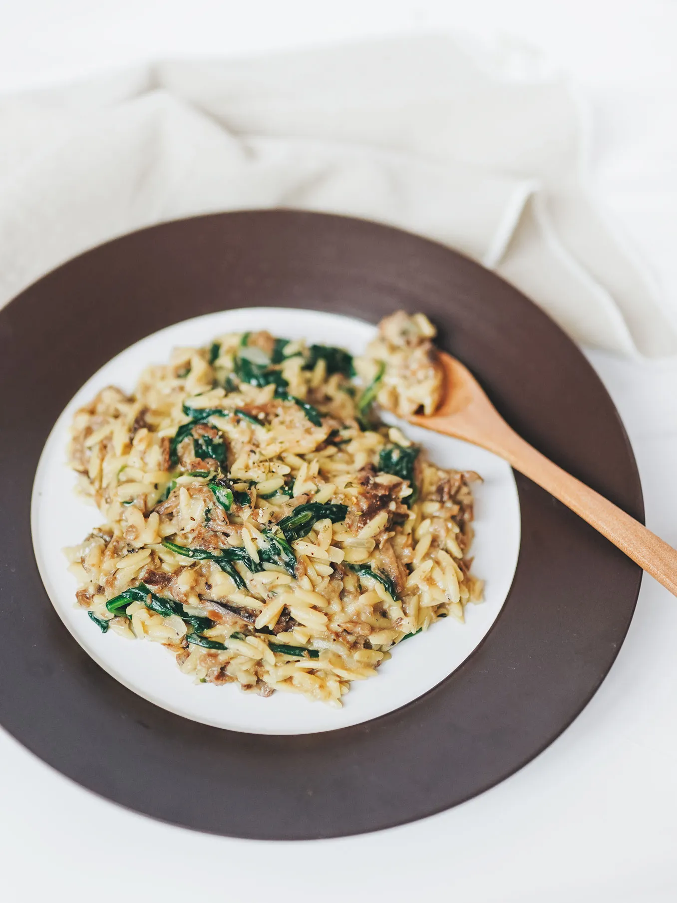 One Pan Vegan Orzo with Spinach and Braised Beef