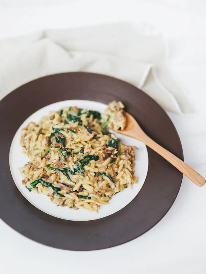 One Pan Vegan Orzo with Spinach and Braised Beef