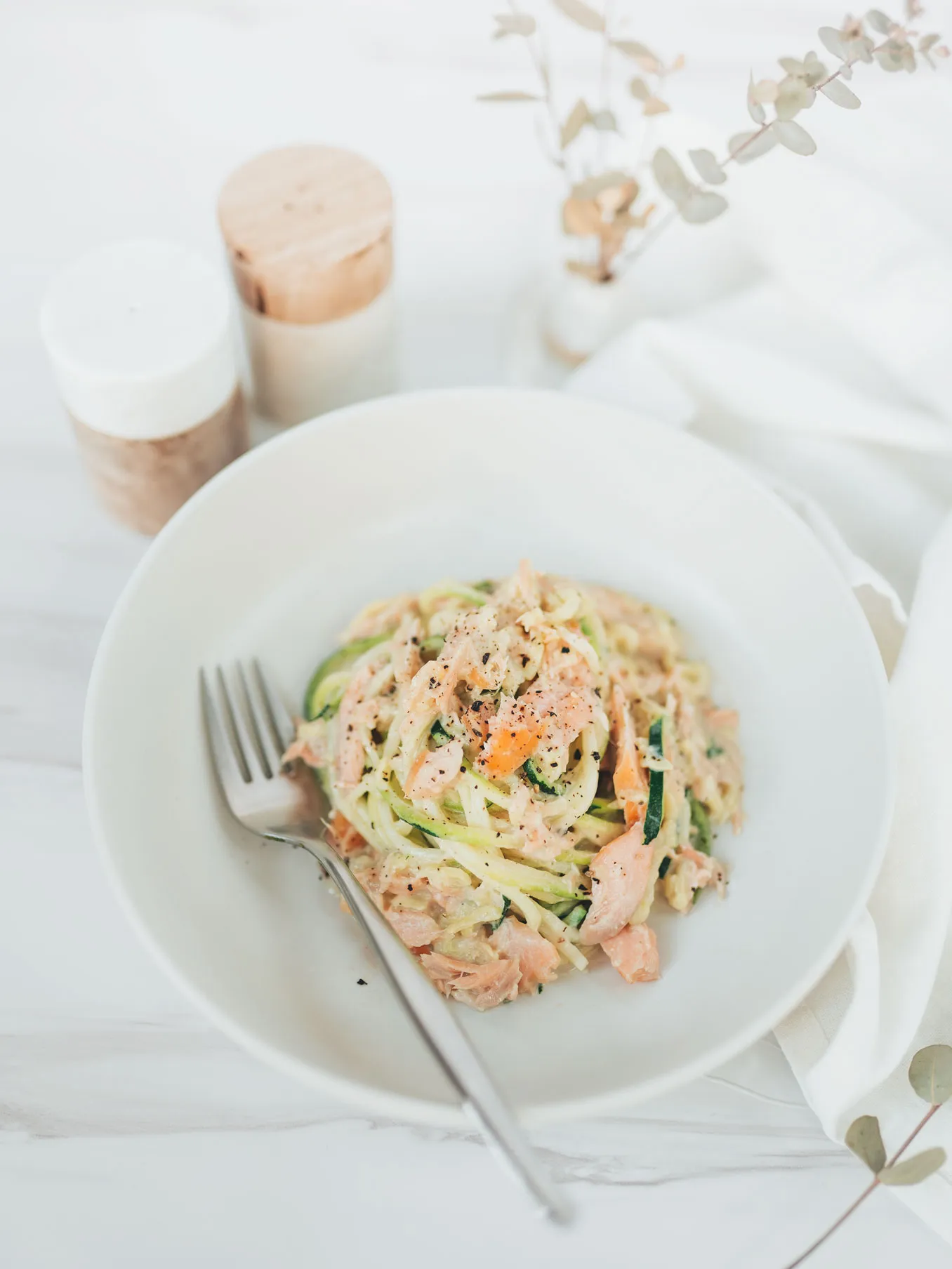 One Pan Creamy Zoodles with Hot Smoked Salmon