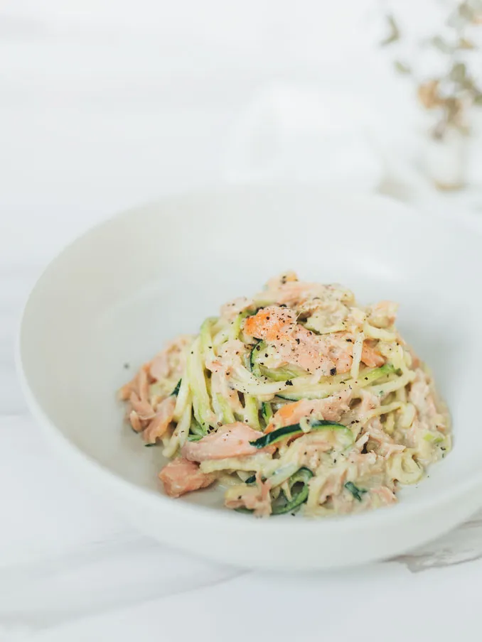 One Pan Creamy Zoodles with Hot Smoked Salmon