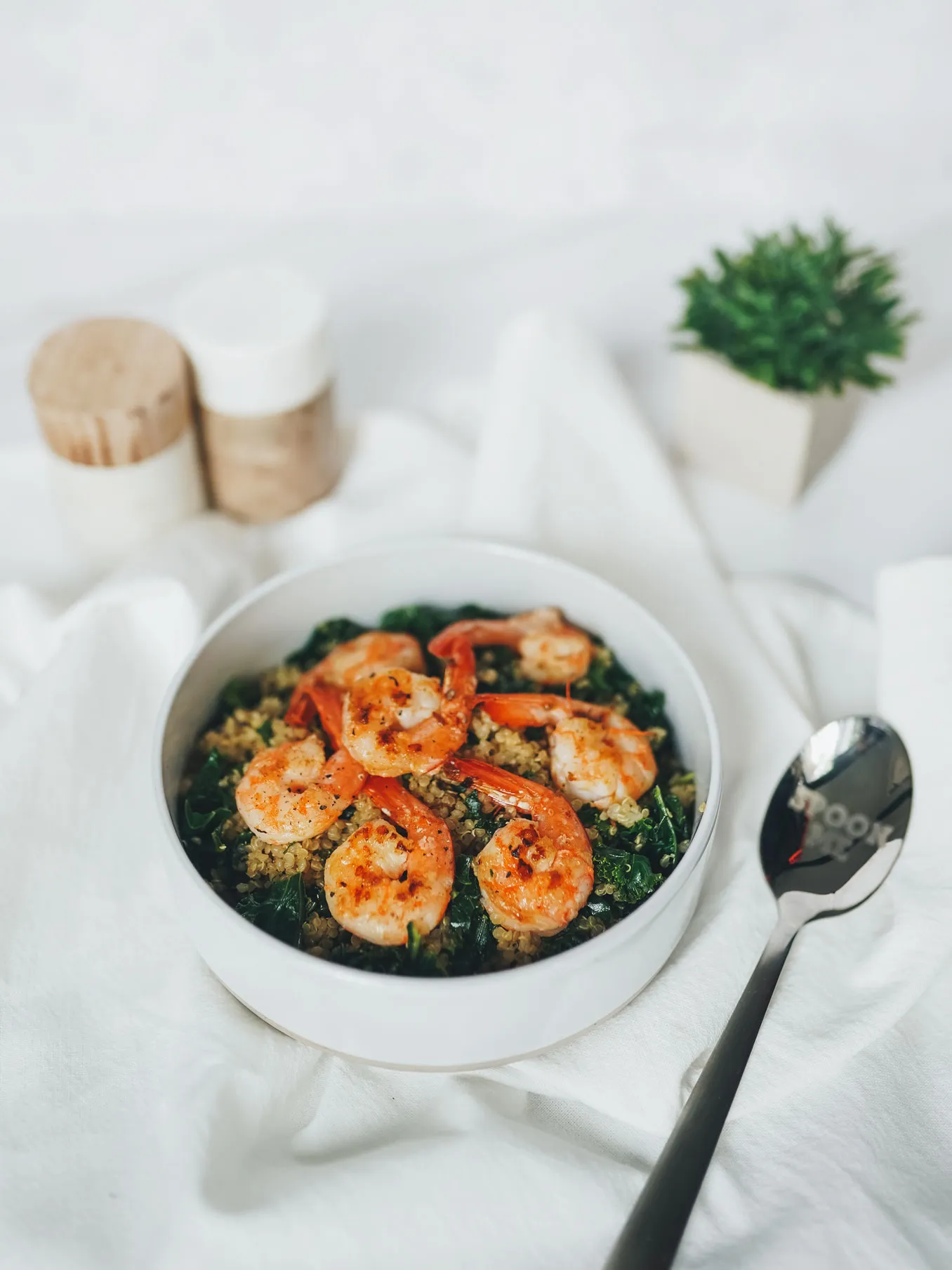 Warm Kale and Quinoa Salad with Grilled Shrimp