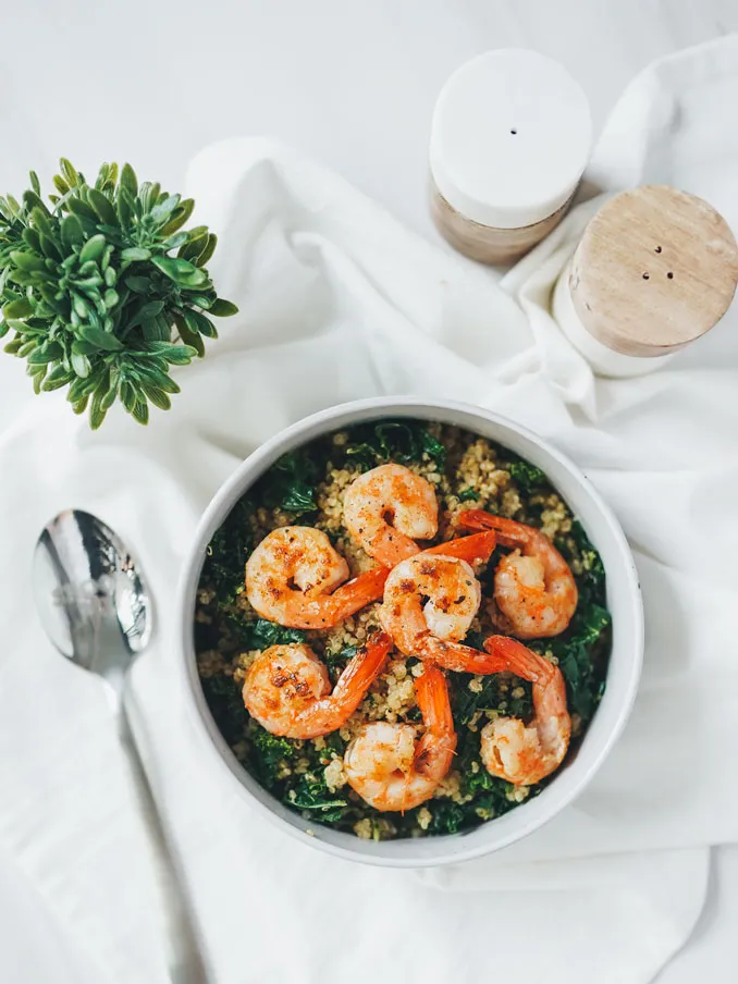 Warm Kale and Quinoa Salad with Grilled Shrimp